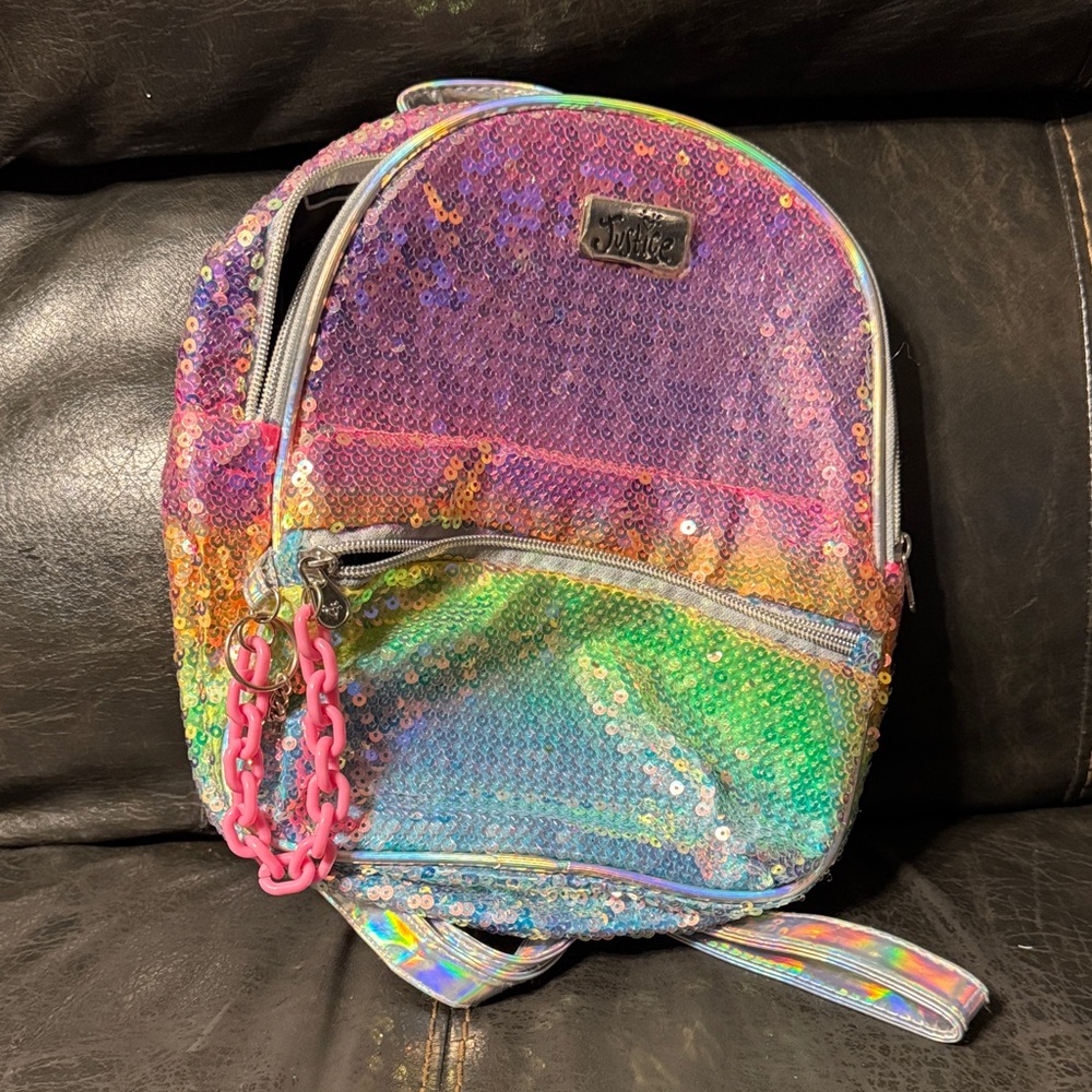Justice Multicolor Sequin Backpack with Pink Chain